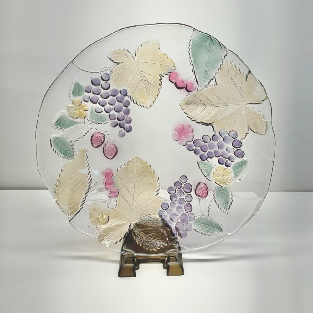 Vintage Mikasa Serving Platter Chablis Embossed Round Glass Fruit Motif 12.5"
